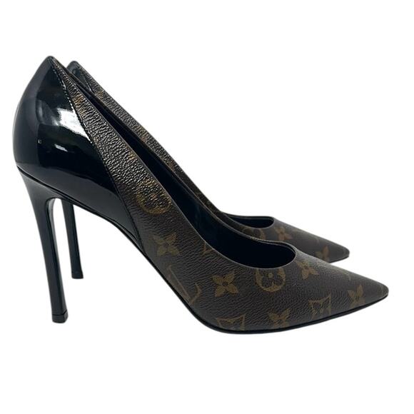 Louis Vuitton Monogram Canvas Leather Slip On Pumps Brown Black Shoes Size 38 - Picture 1 of 11